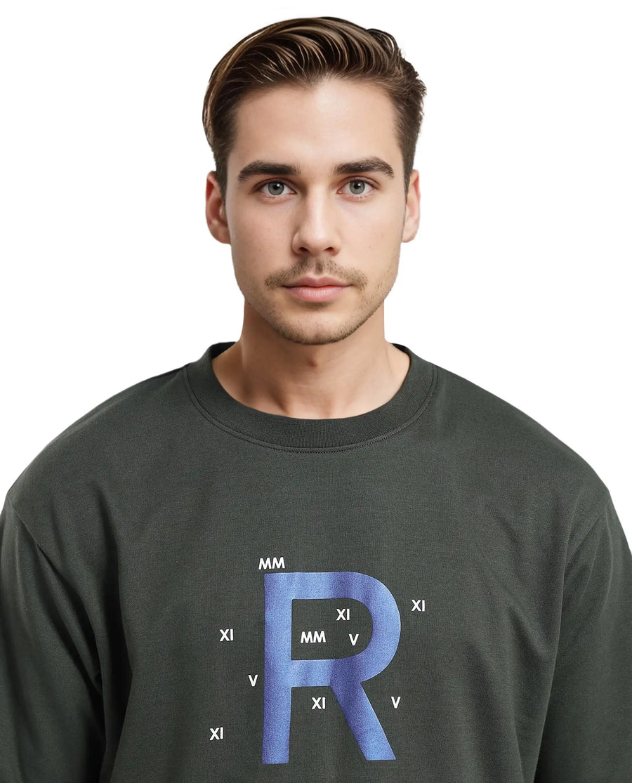 Rare Rabbit Men's Leat Olive Cotton Graphic Print Boxy Fit Half Sleeve Crew Neck T-Shirt