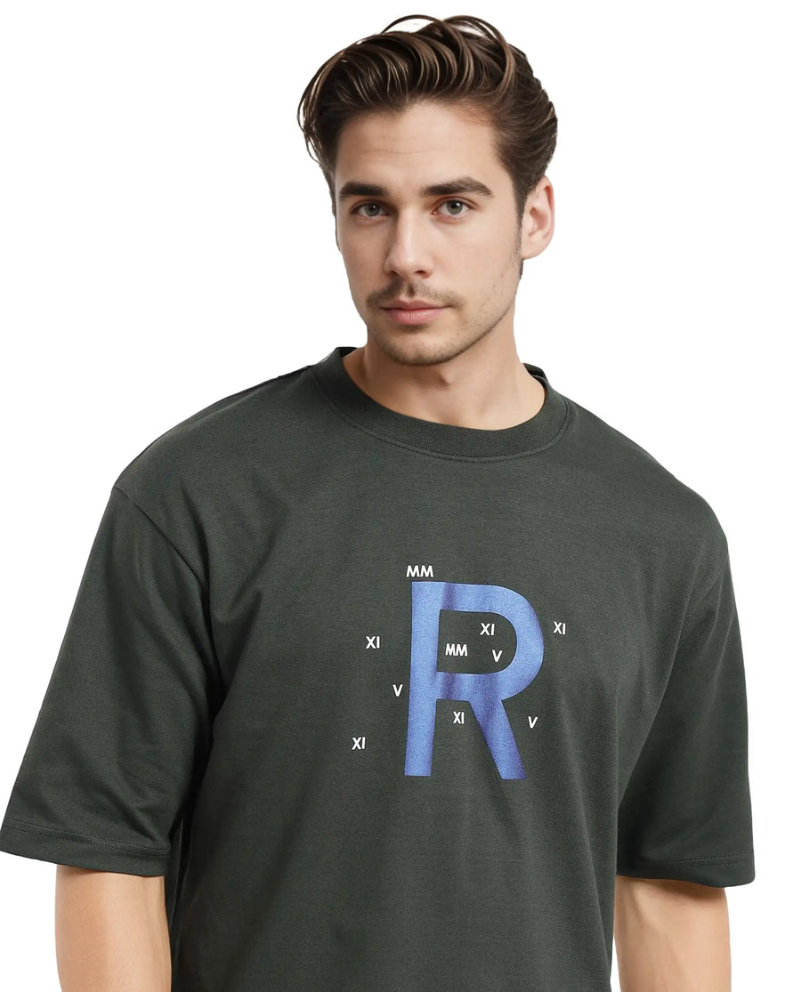 Rare Rabbit Men's Leat Olive Cotton Graphic Print Boxy Fit Half Sleeve Crew Neck T-Shirt