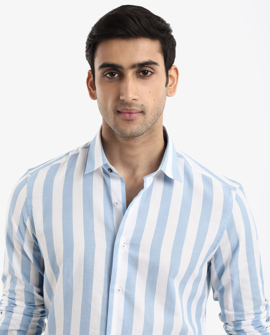 Rare Rabbit Men's Leeds Blue Cotton Striped Print Regular Fit Full Sleeve Collared Shirt