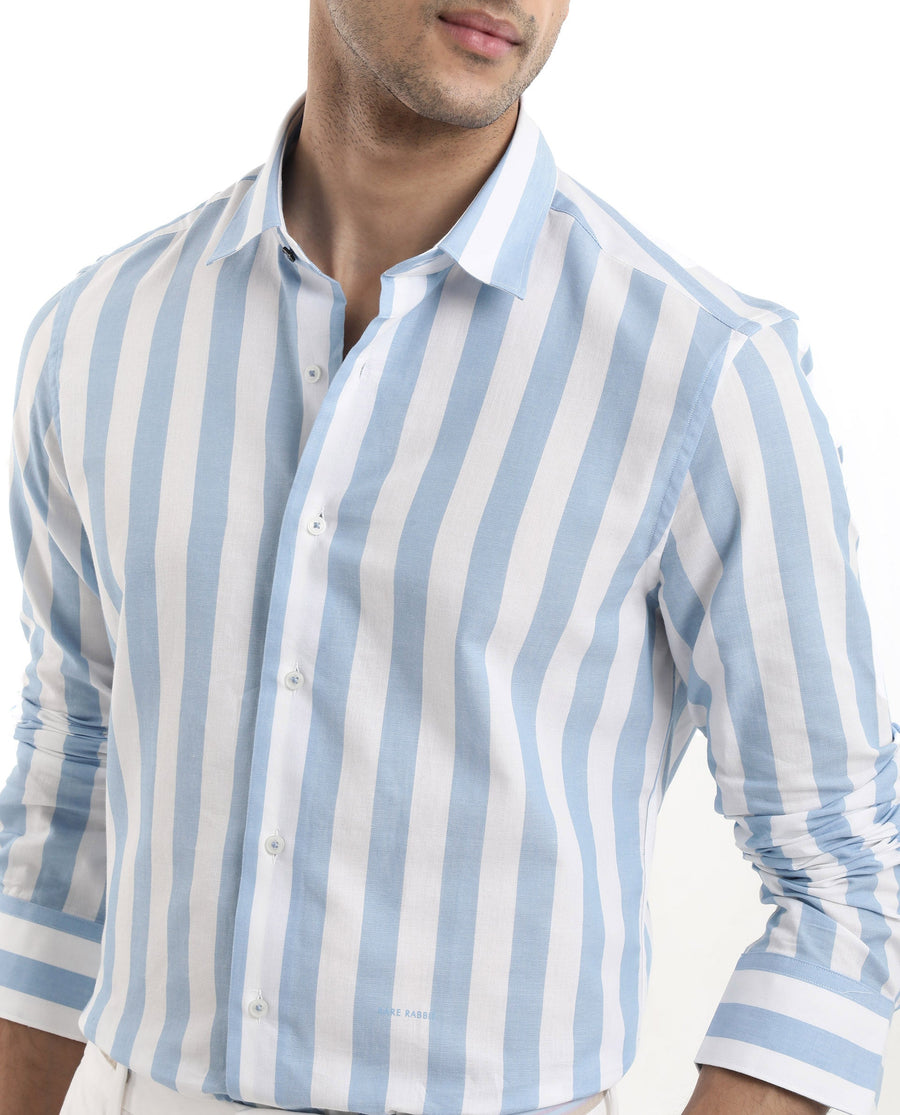 Rare Rabbit Men's Leeds Blue Cotton Striped Print Regular Fit Full Sleeve Collared Shirt