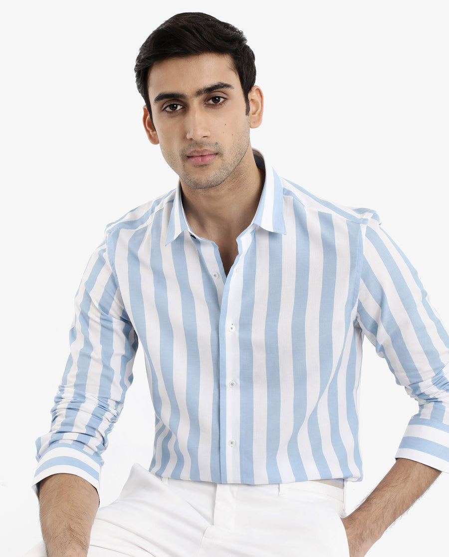 Rare Rabbit Men's Leeds Blue Cotton Striped Print Regular Fit Full Sleeve Collared Shirt
