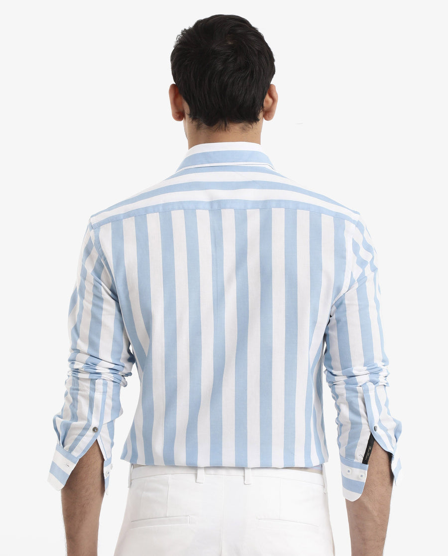 Rare Rabbit Men's Leeds Blue Cotton Striped Print Regular Fit Full Sleeve Collared Shirt