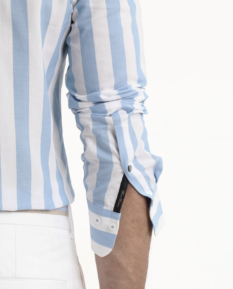 Rare Rabbit Men's Leeds Blue Cotton Striped Print Regular Fit Full Sleeve Collared Shirt
