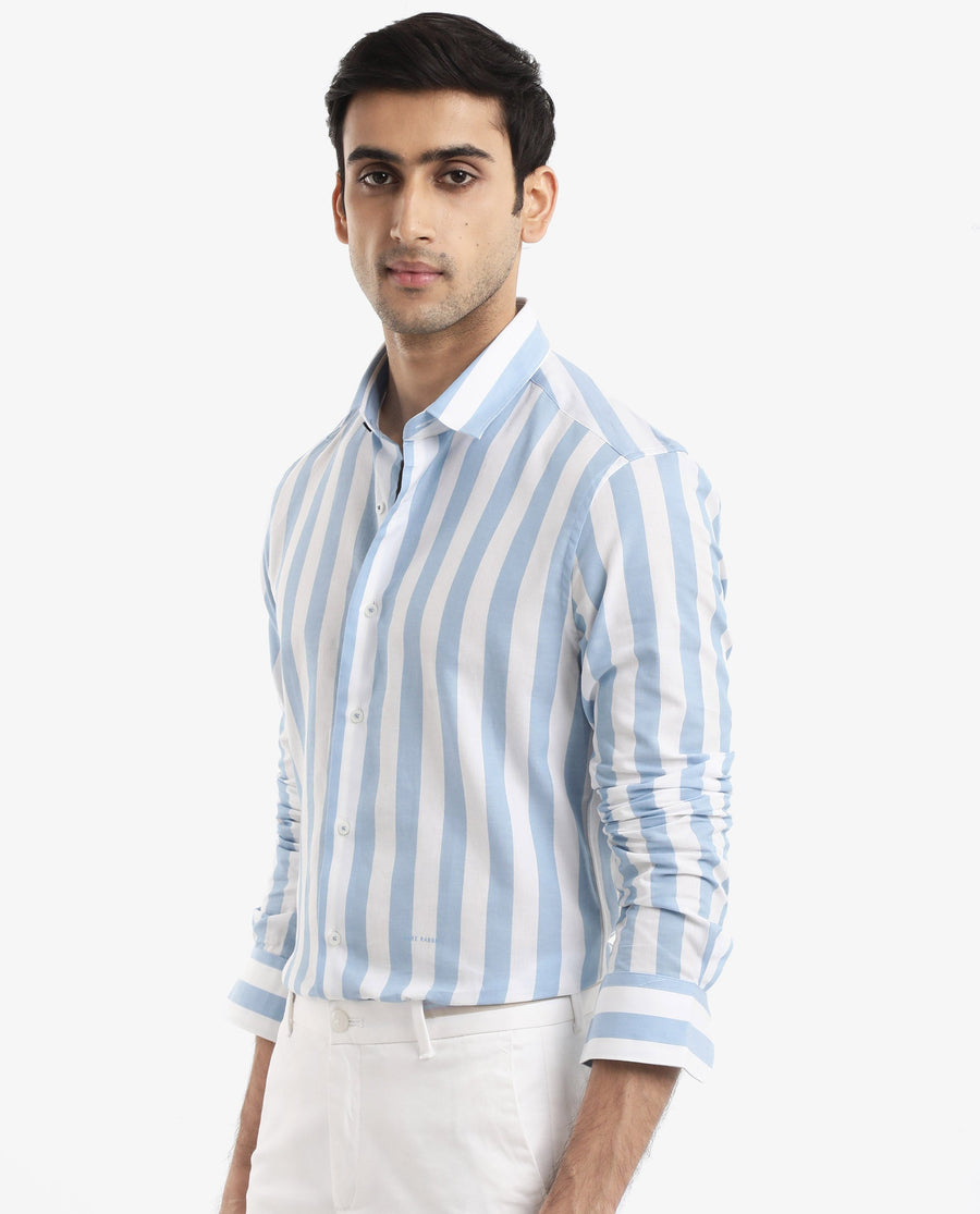 Rare Rabbit Men's Leeds Blue Cotton Striped Print Regular Fit Full Sleeve Collared Shirt