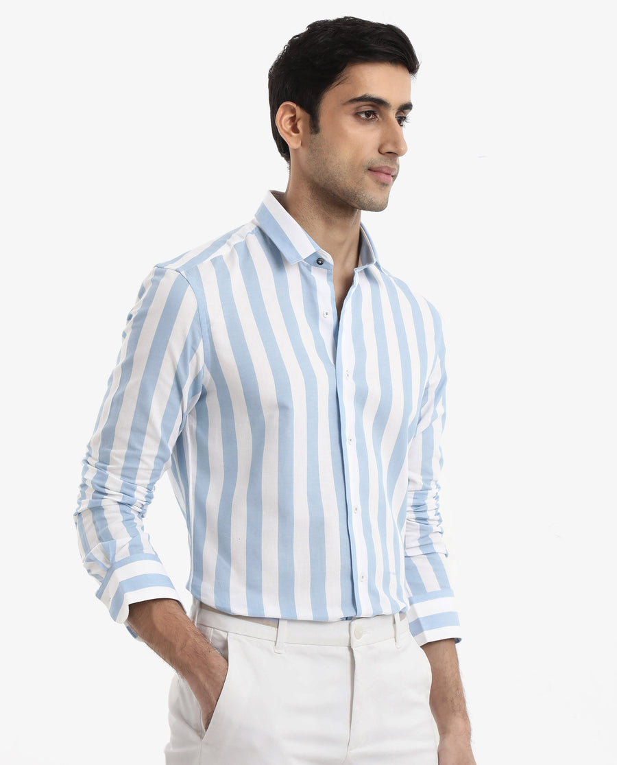 Rare Rabbit Men's Leeds Blue Cotton Striped Print Regular Fit Full Sleeve Collared Shirt