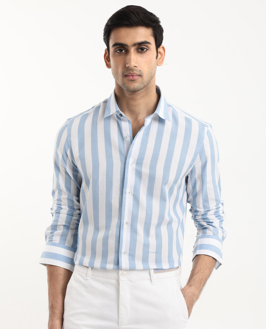 Rare Rabbit Men's Leeds Blue Cotton Striped Print Regular Fit Full Sleeve Collared Shirt