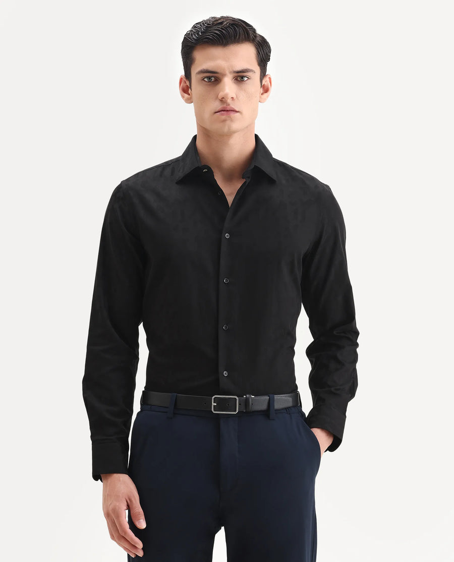 Rare Rabbit Men's Leffy-25 Black Cotton Spread Collar Regular Fit Jacquard Shirt