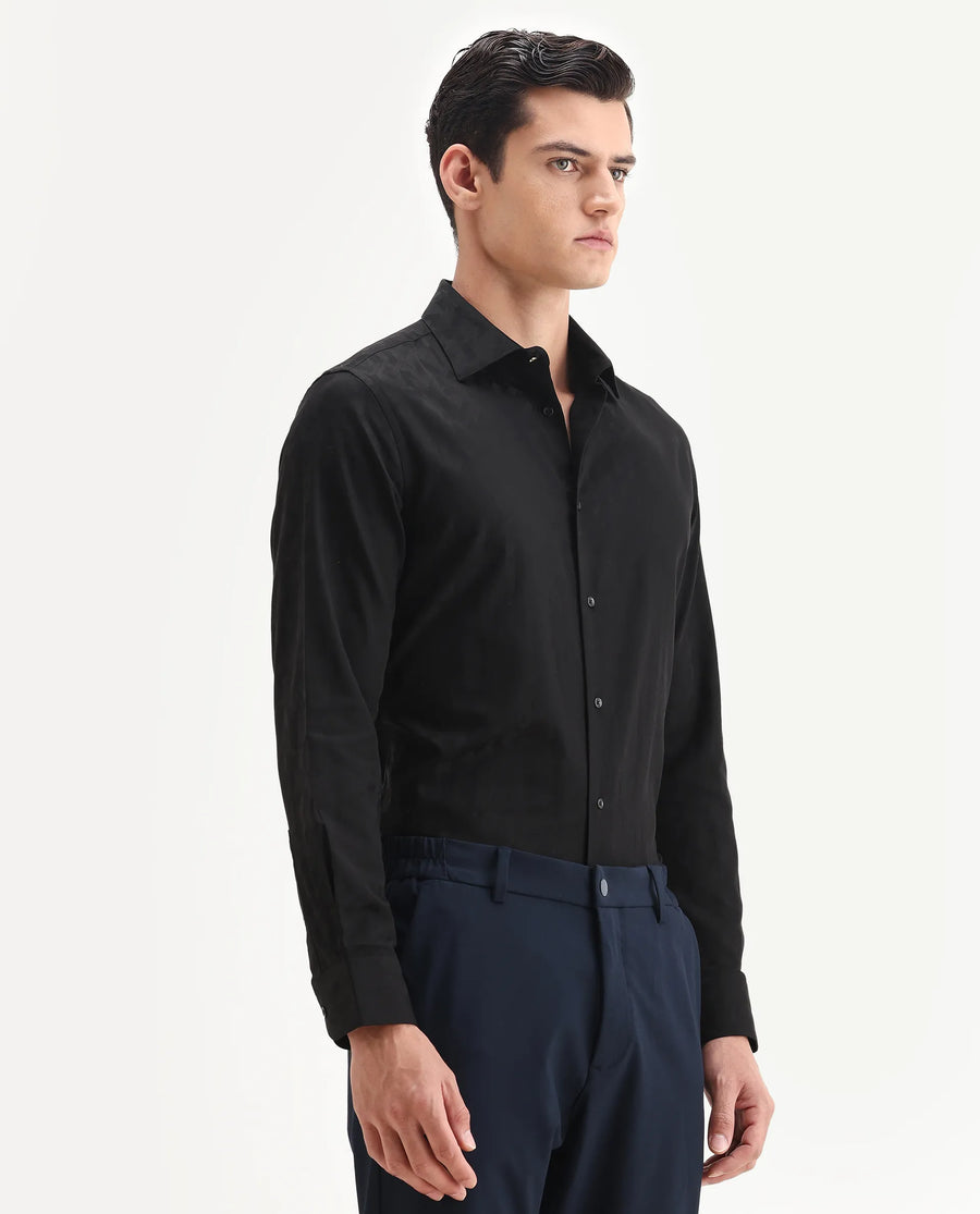 Rare Rabbit Men's Leffy-25 Black Cotton Spread Collar Regular Fit Jacquard Shirt