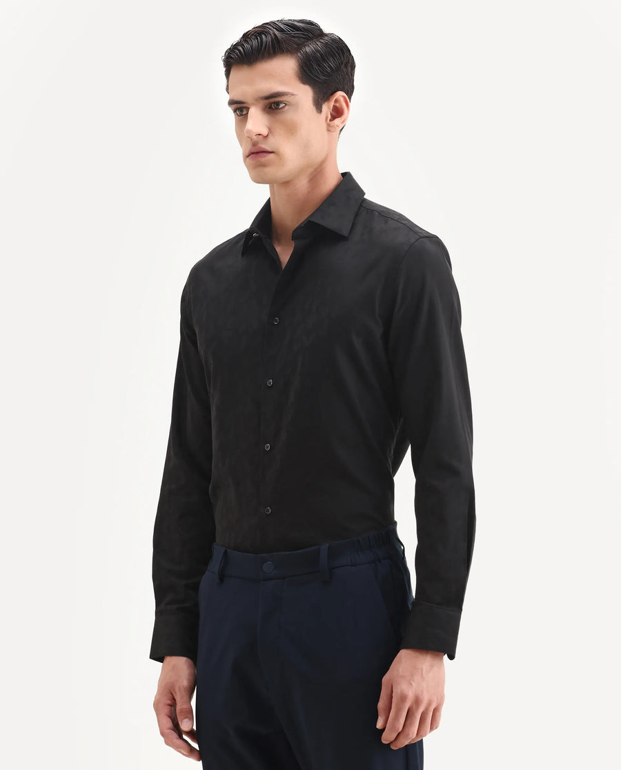 Rare Rabbit Men's Leffy-25 Black Cotton Spread Collar Regular Fit Jacquard Shirt