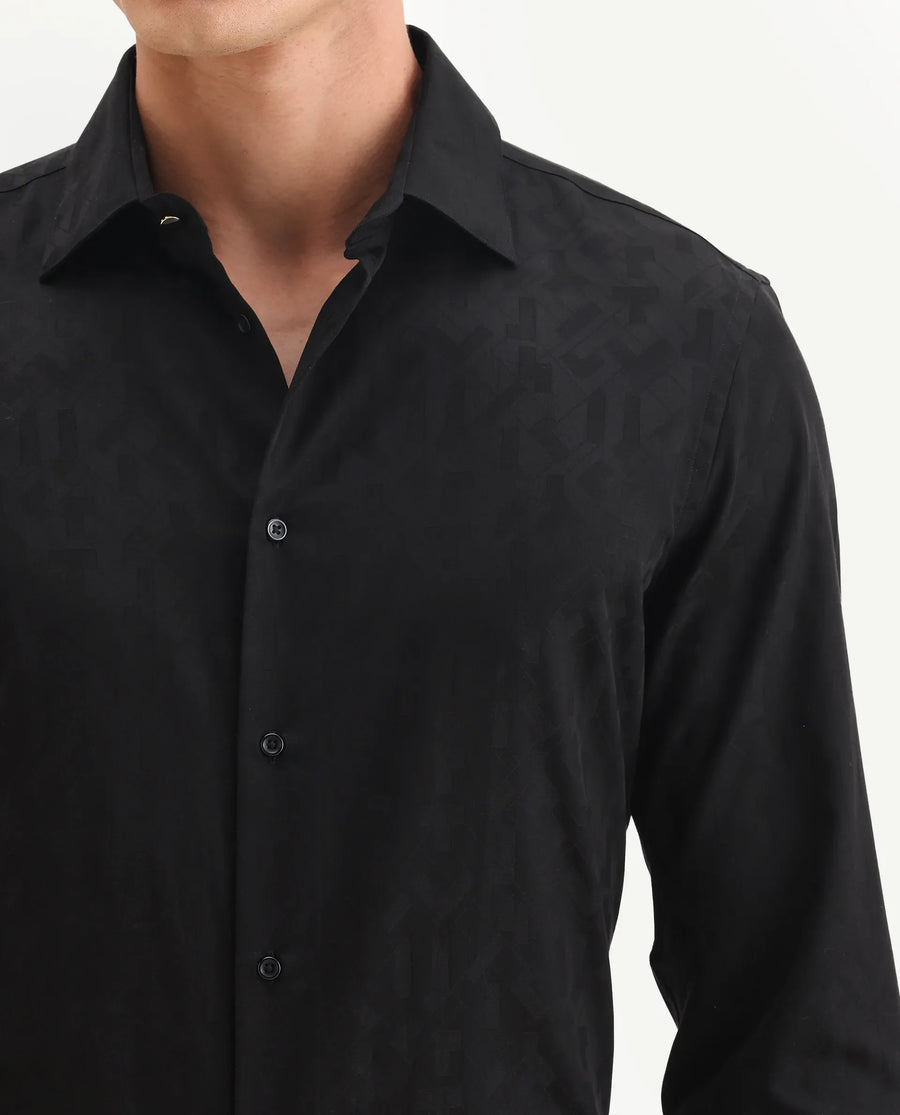 Rare Rabbit Men's Leffy-25 Black Cotton Spread Collar Regular Fit Jacquard Shirt