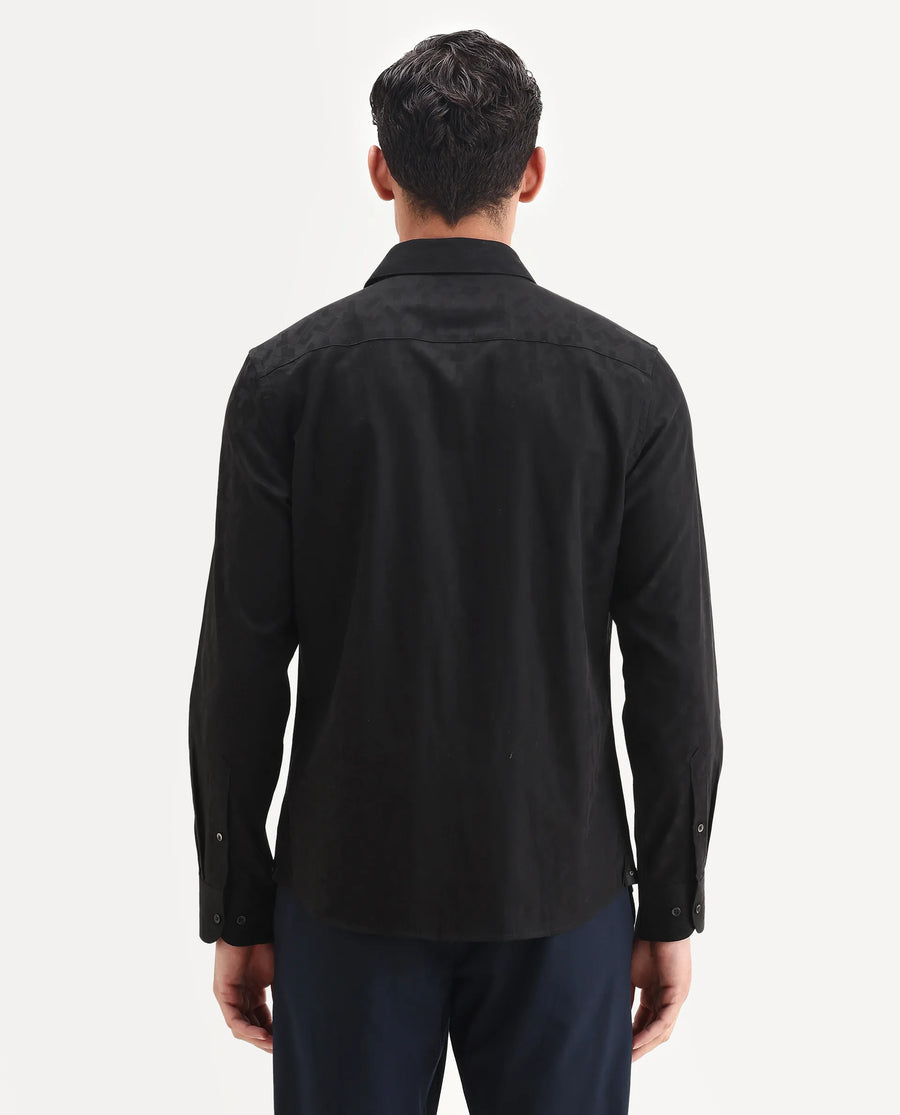 Rare Rabbit Men's Leffy-25 Black Cotton Spread Collar Regular Fit Jacquard Shirt
