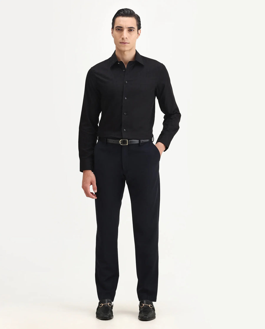 Rare Rabbit Men's Leffy Black Cotton Jacquard Regular Fit Full Sleeve Collared Shirt