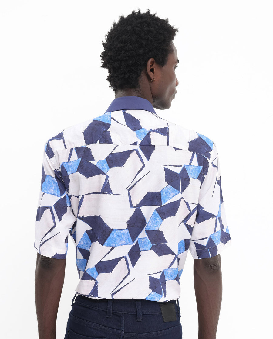 Rare Rabbit Men's Lego Off White Viscose Abstract Print Boxy Fit Half Sleeve Collared Shirt