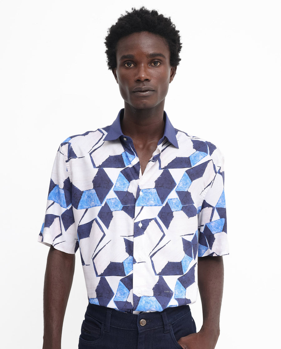 Rare Rabbit Men's Lego Off White Viscose Abstract Print Boxy Fit Half Sleeve Collared Shirt