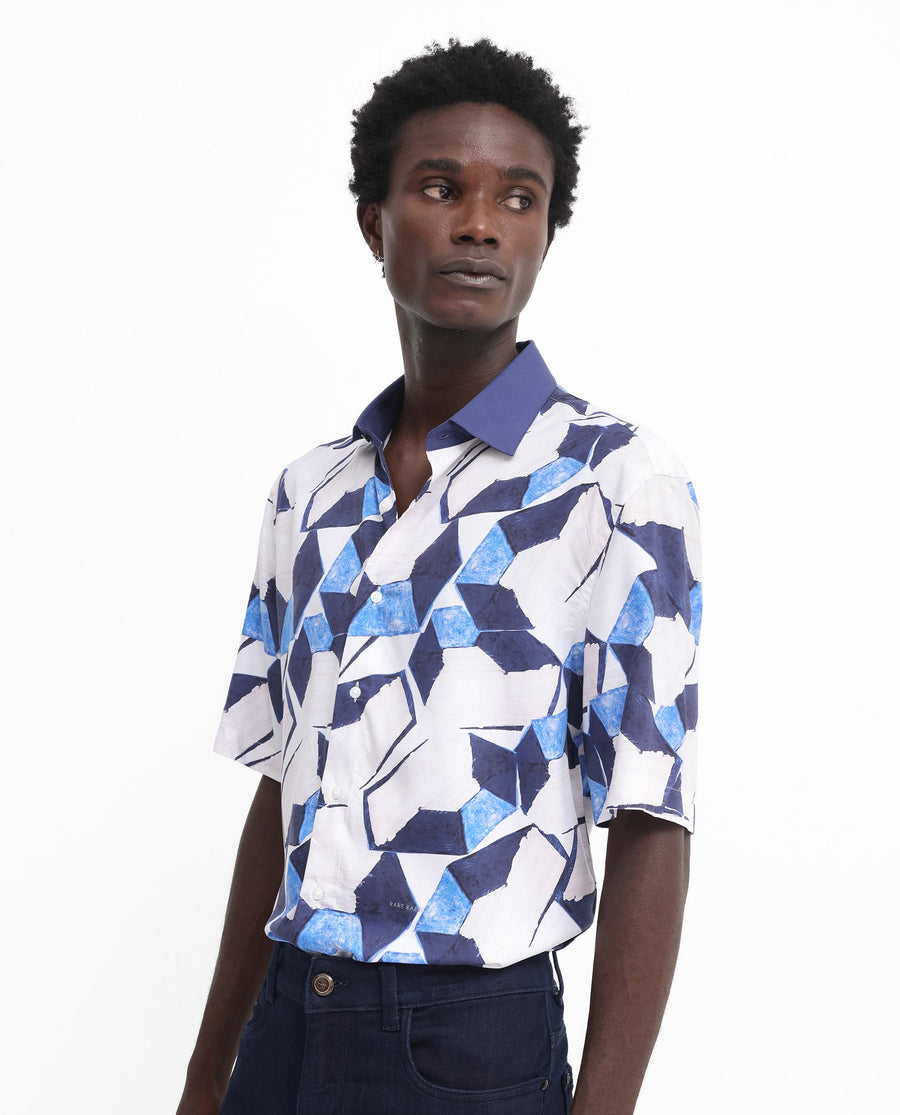 Rare Rabbit Men's Lego Off White Viscose Abstract Print Boxy Fit Half Sleeve Collared Shirt