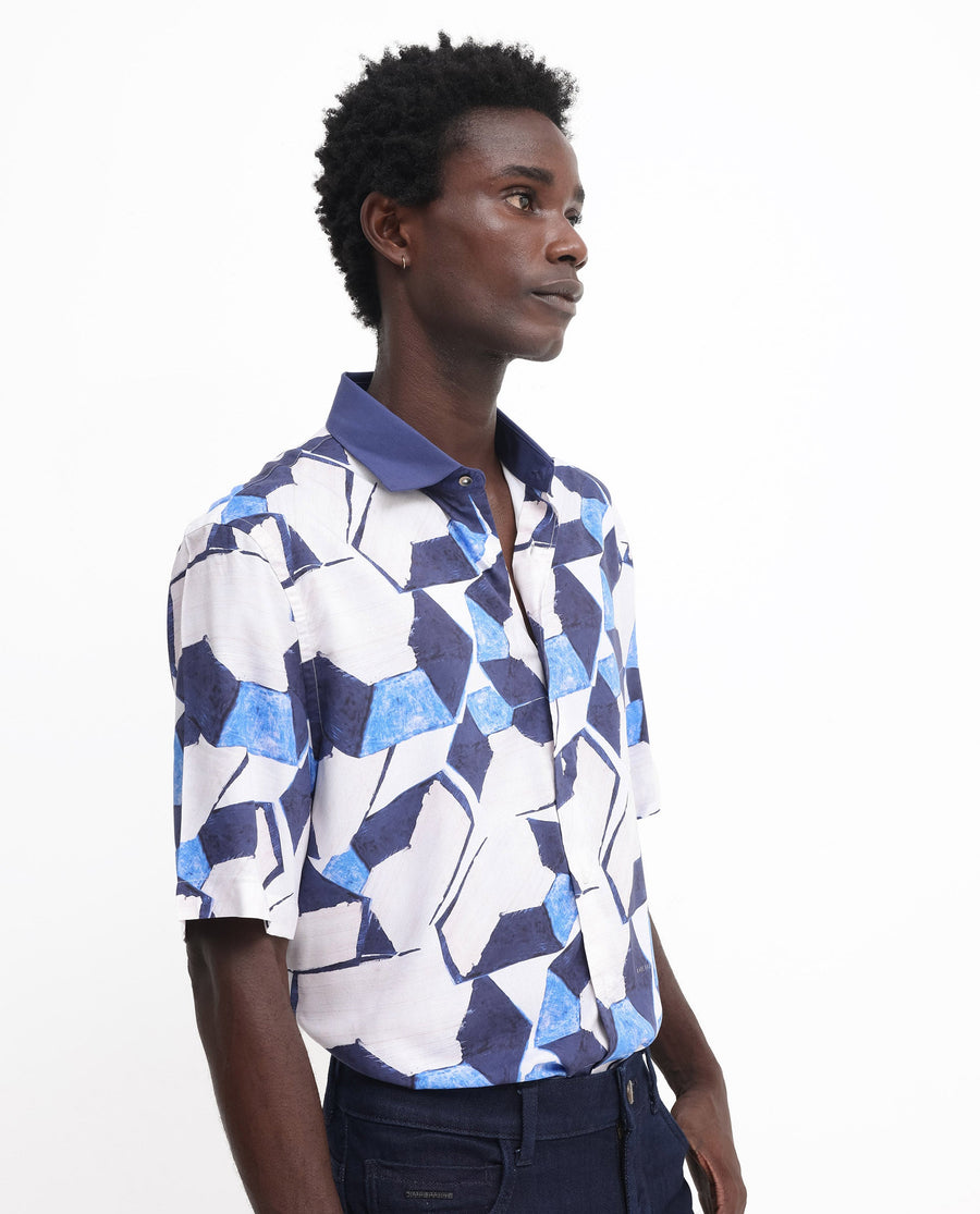 Rare Rabbit Men's Lego Off White Viscose Abstract Print Boxy Fit Half Sleeve Collared Shirt