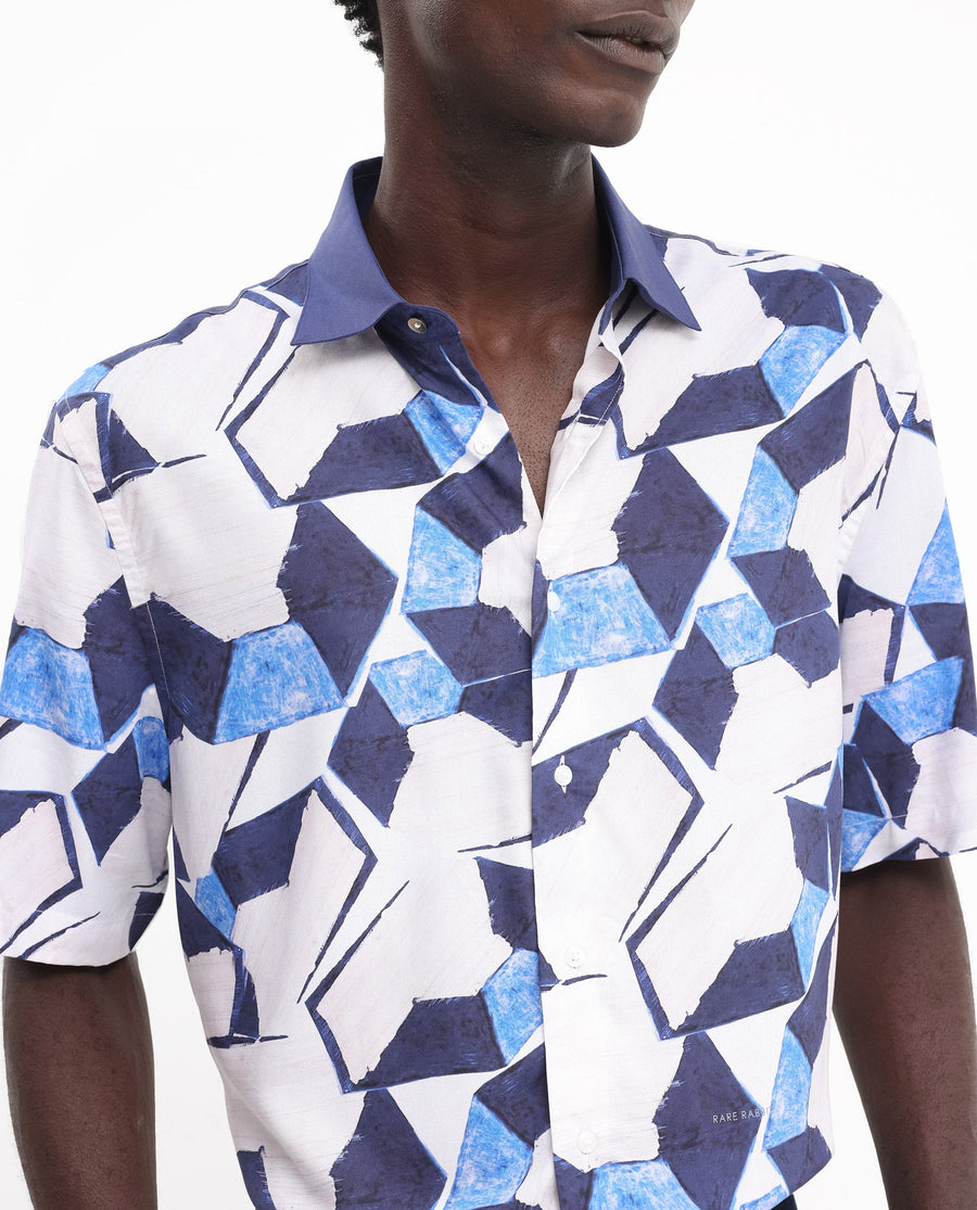 Rare Rabbit Men's Lego Off White Viscose Abstract Print Boxy Fit Half Sleeve Collared Shirt