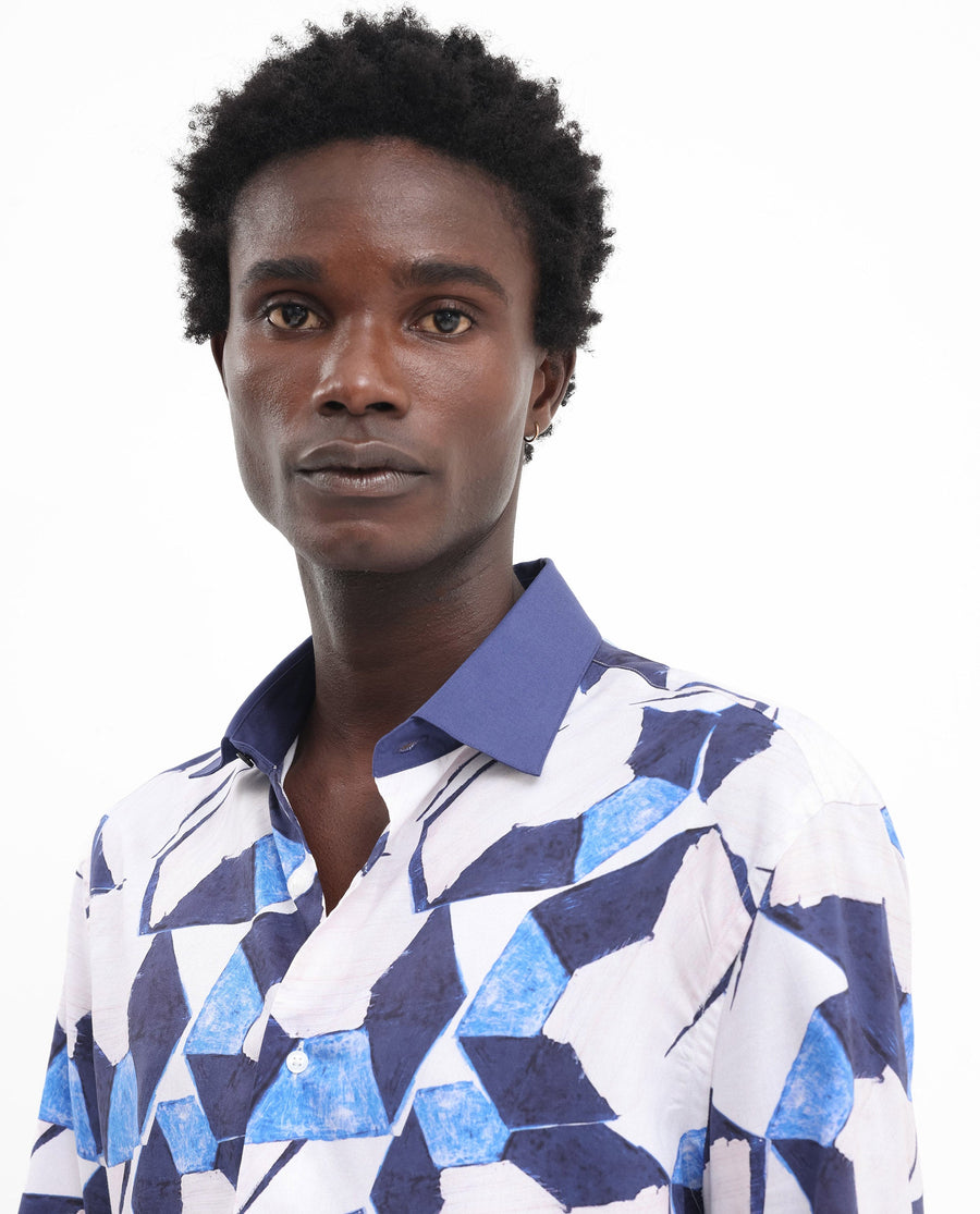 Rare Rabbit Men's Lego Off White Viscose Abstract Print Boxy Fit Half Sleeve Collared Shirt