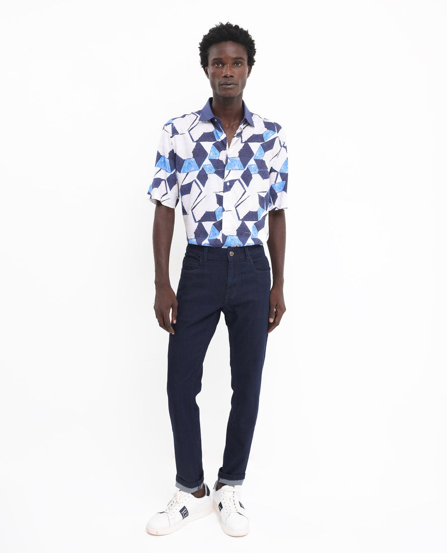 Rare Rabbit Men's Lego Off White Viscose Abstract Print Boxy Fit Half Sleeve Collared Shirt