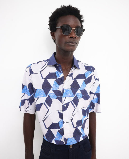 Rare Rabbit Men's Lego Off White Viscose Abstract Print Boxy Fit Half Sleeve Collared Shirt