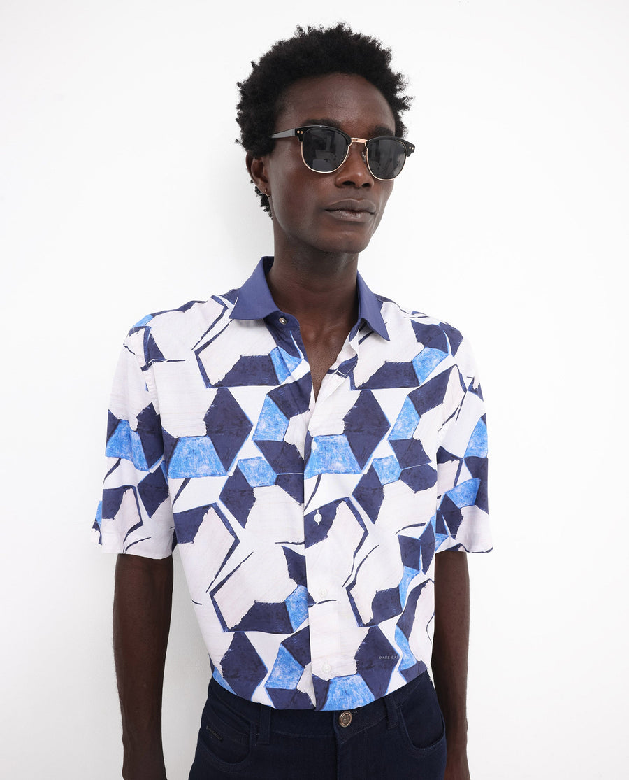 Rare Rabbit Men's Lego Off White Viscose Abstract Print Boxy Fit Half Sleeve Collared Shirt