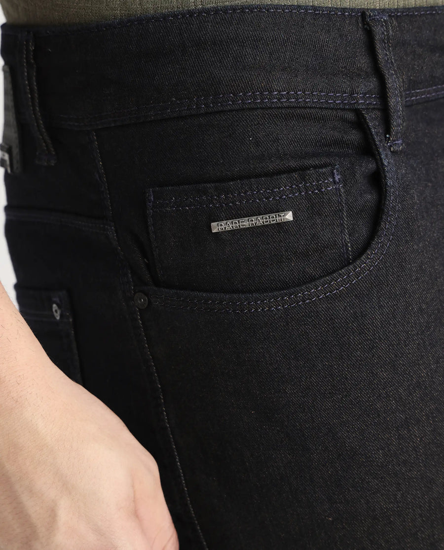 Rare Rabbit Men's Leige Blue Cotton Plain Hawk Slim Fit Jeans