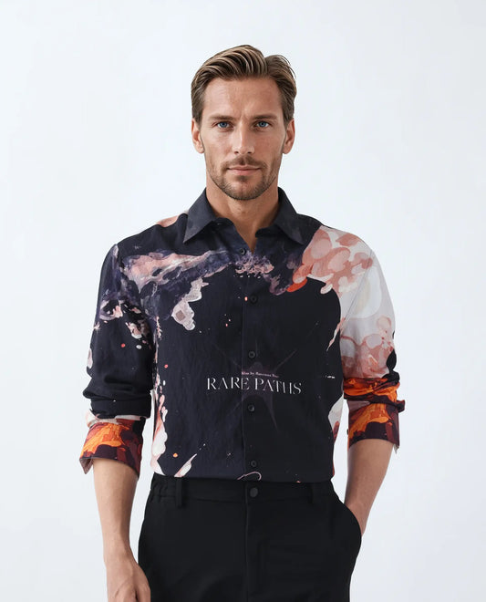 Rare Rabbit Men's Leko Black Viscose Art Deco Print Regular Fit Full Sleeve Collared Shirt