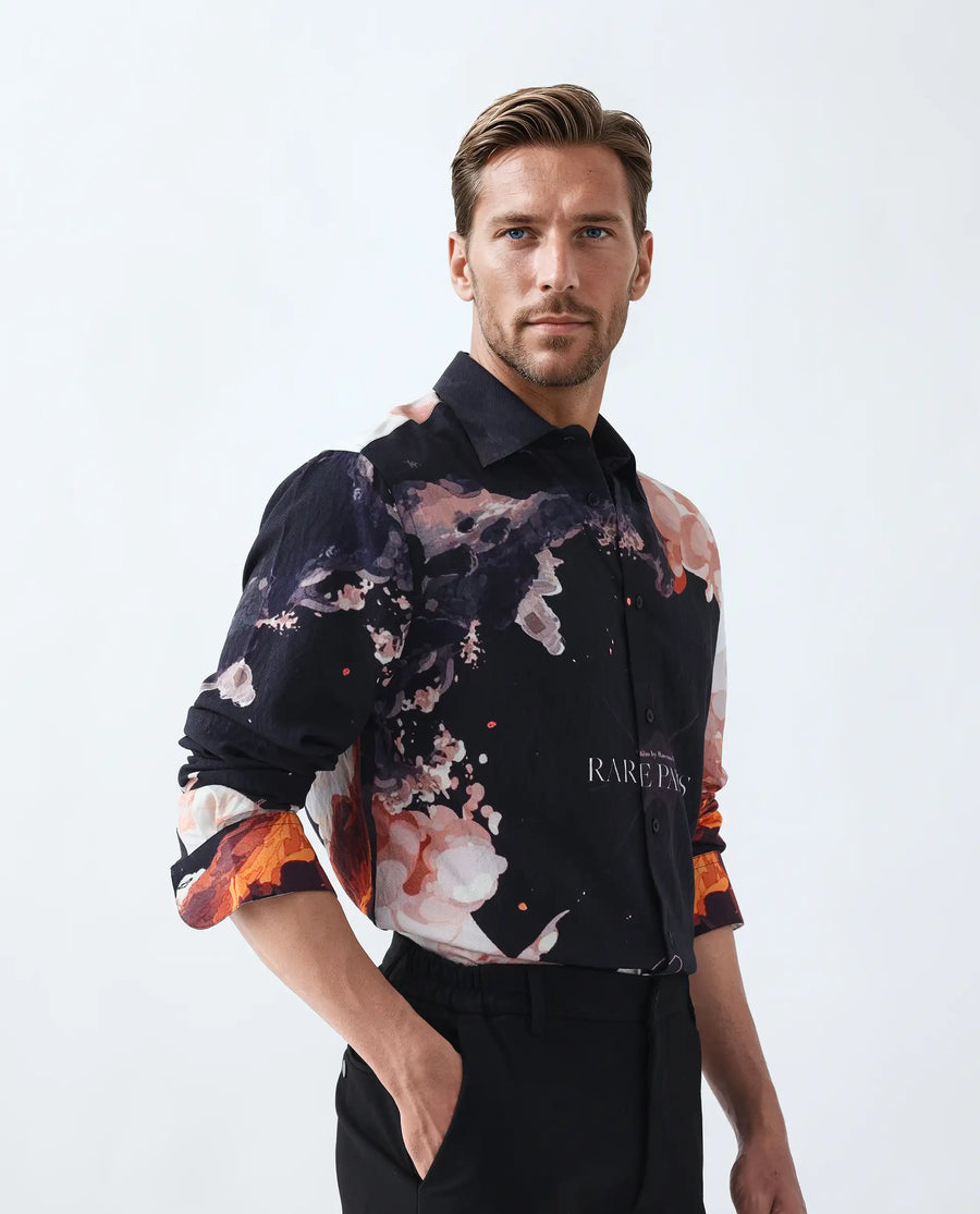 Rare Rabbit Men's Leko Black Viscose Art Deco Print Regular Fit Full Sleeve Collared Shirt