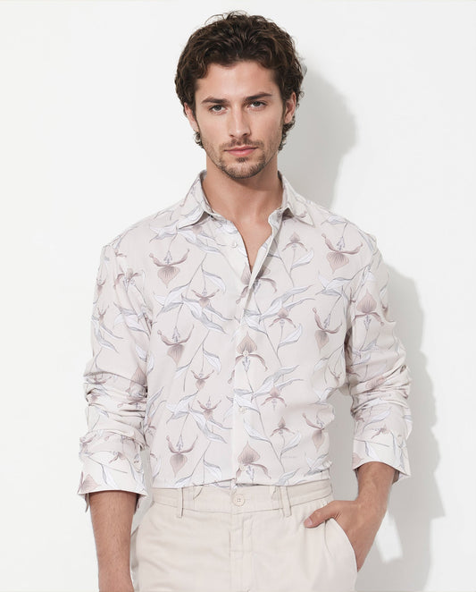 Rare Rabbit Men's Len Beige Cotton Floral Print Regular Fit Full Sleeve Collared Shirt