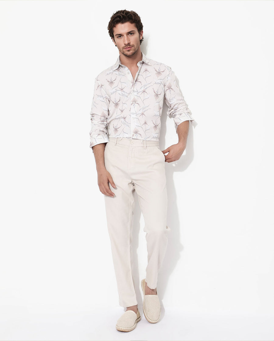 Rare Rabbit Men's Len Beige Cotton Floral Print Regular Fit Full Sleeve Collared Shirt