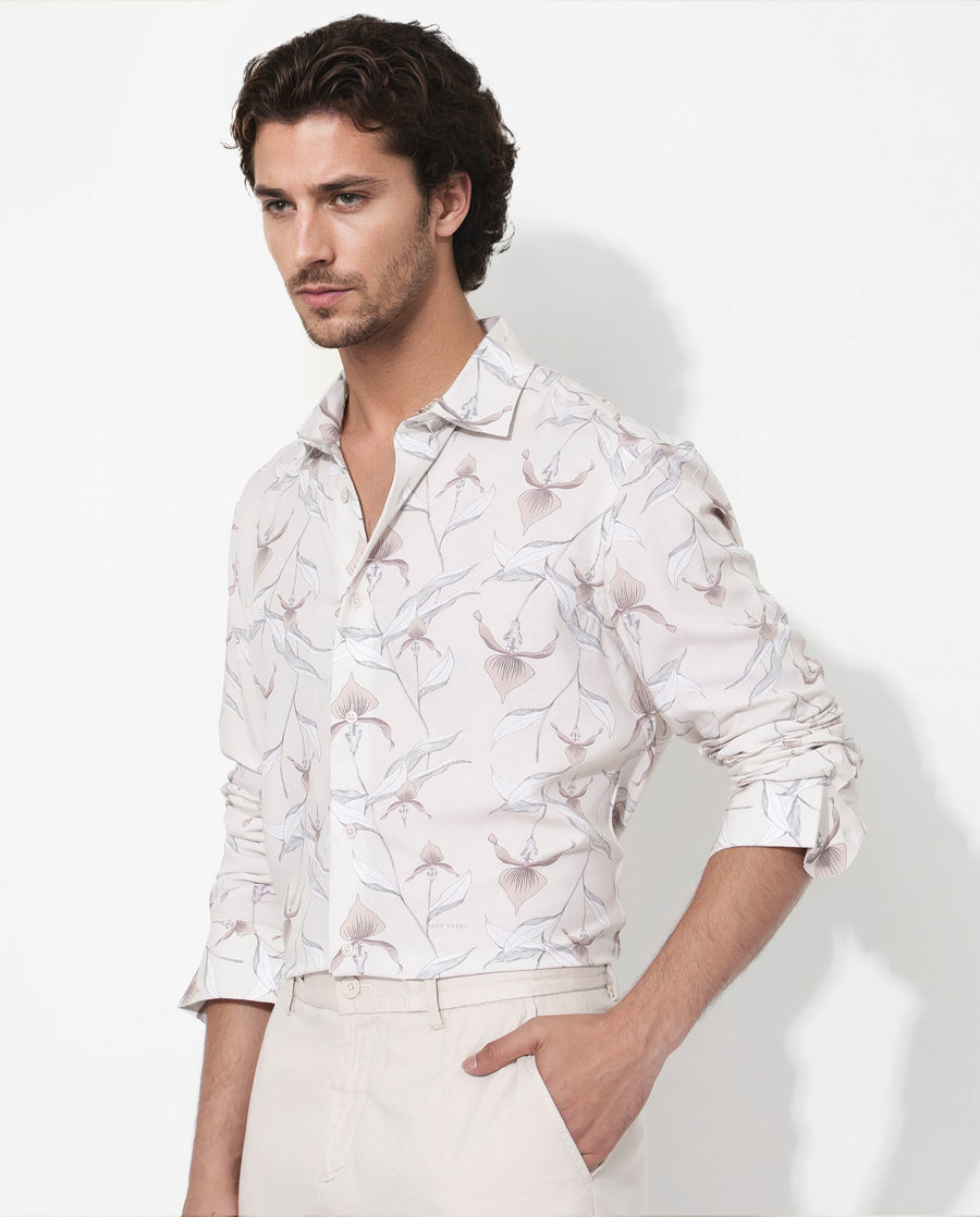 Rare Rabbit Men's Len Beige Cotton Floral Print Regular Fit Full Sleeve Collared Shirt
