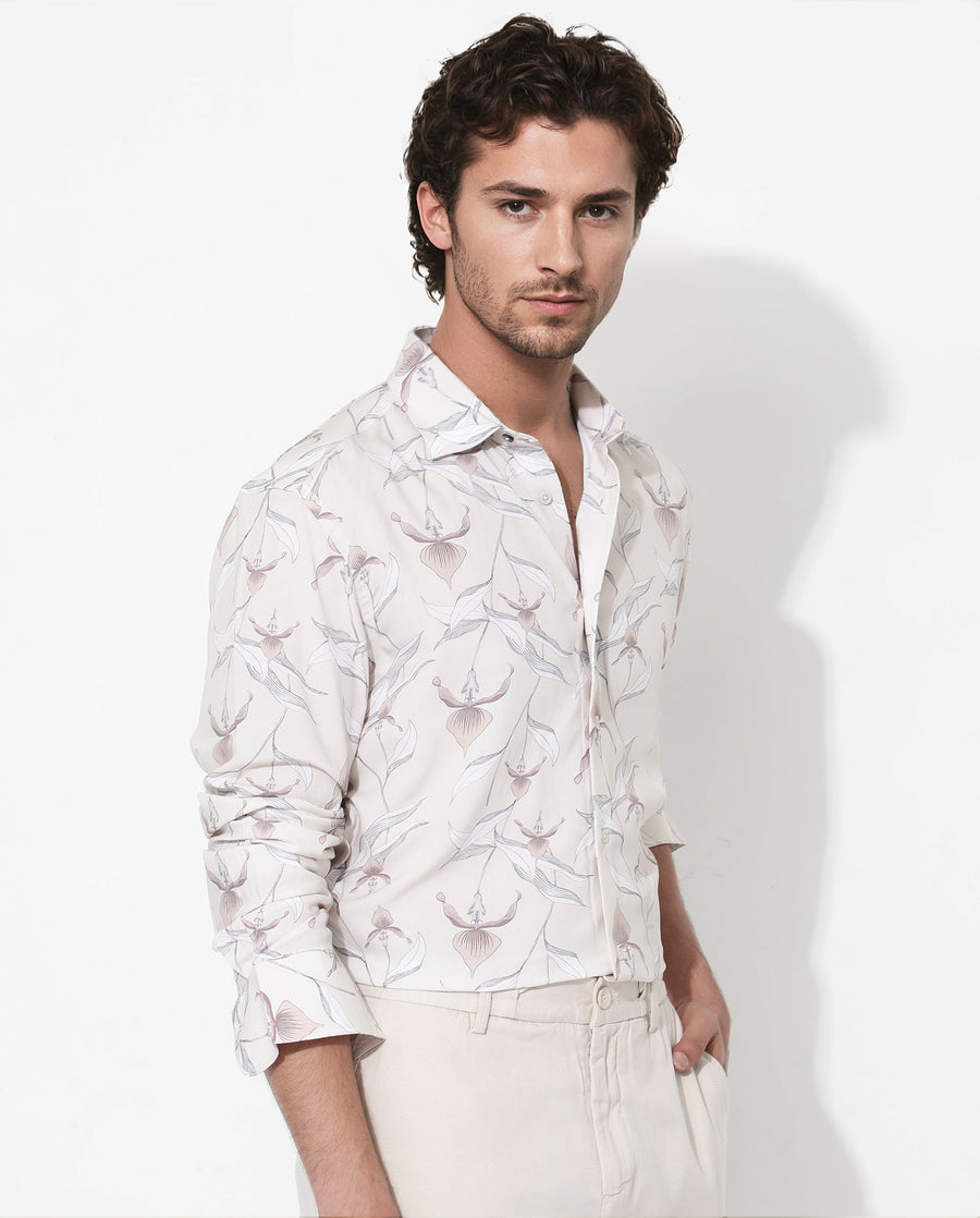 Rare Rabbit Men's Len Beige Cotton Floral Print Regular Fit Full Sleeve Collared Shirt