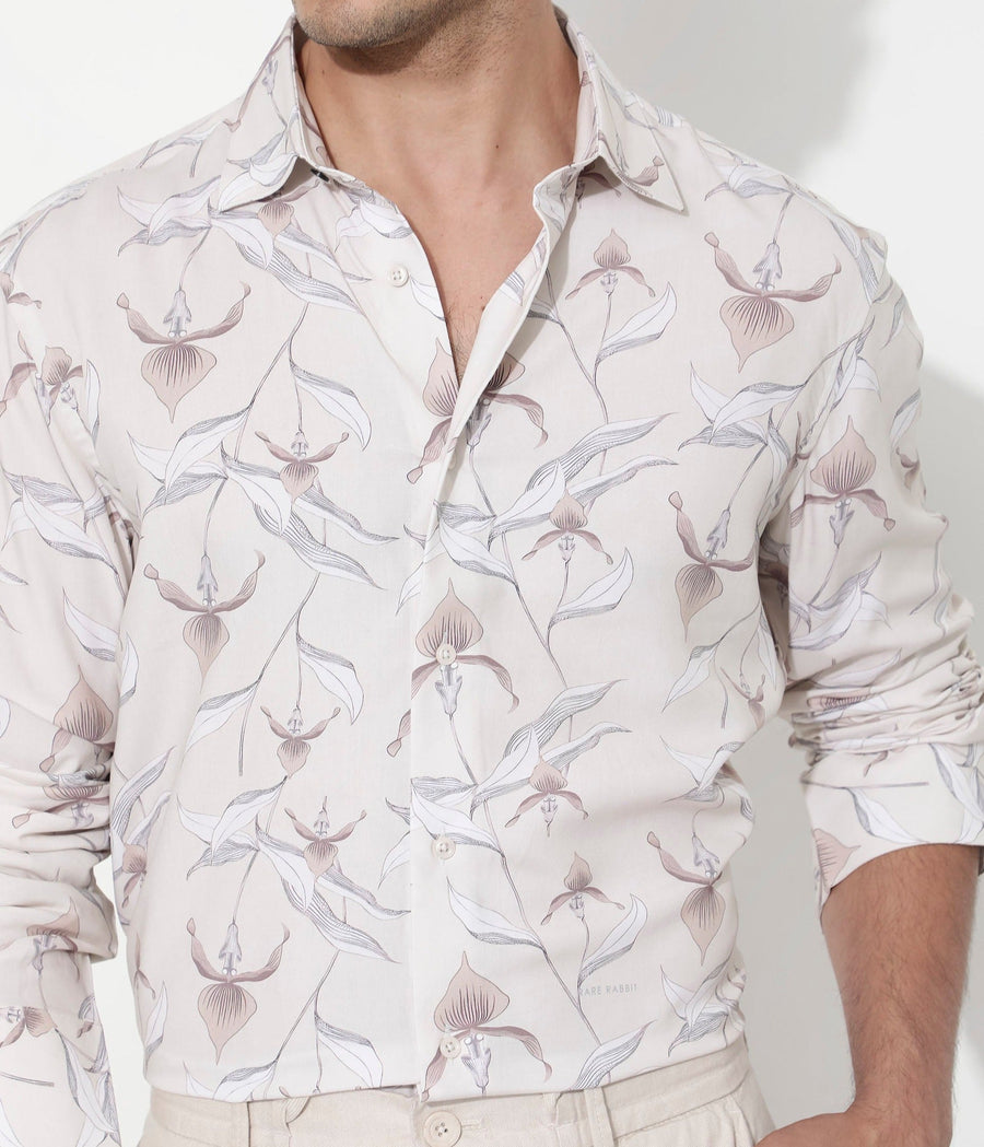 Rare Rabbit Men's Len Beige Cotton Floral Print Regular Fit Full Sleeve Collared Shirt