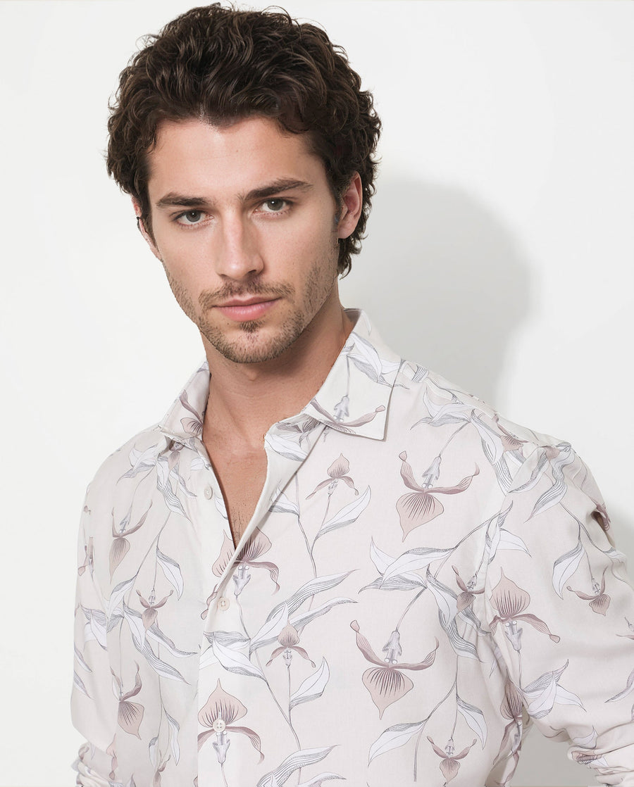 Rare Rabbit Men's Len Beige Cotton Floral Print Regular Fit Full Sleeve Collared Shirt