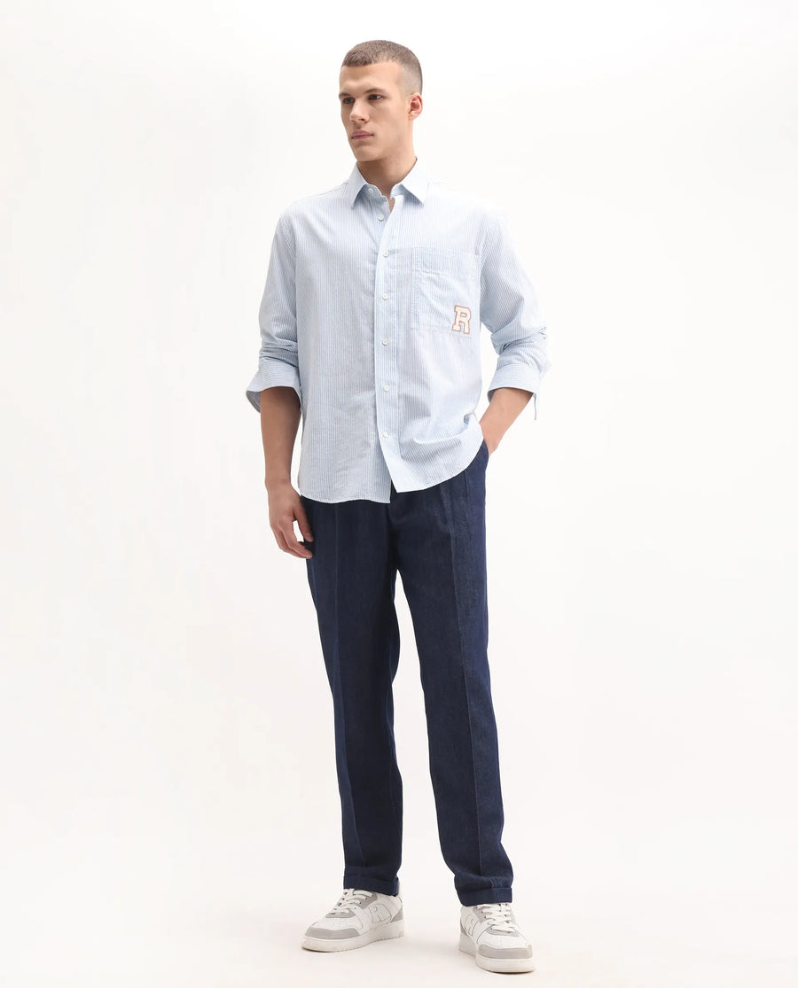 Rare Rabbit Men's Leni Blue Cotton Blend Plain Baggy Fit Gurkha Trouser