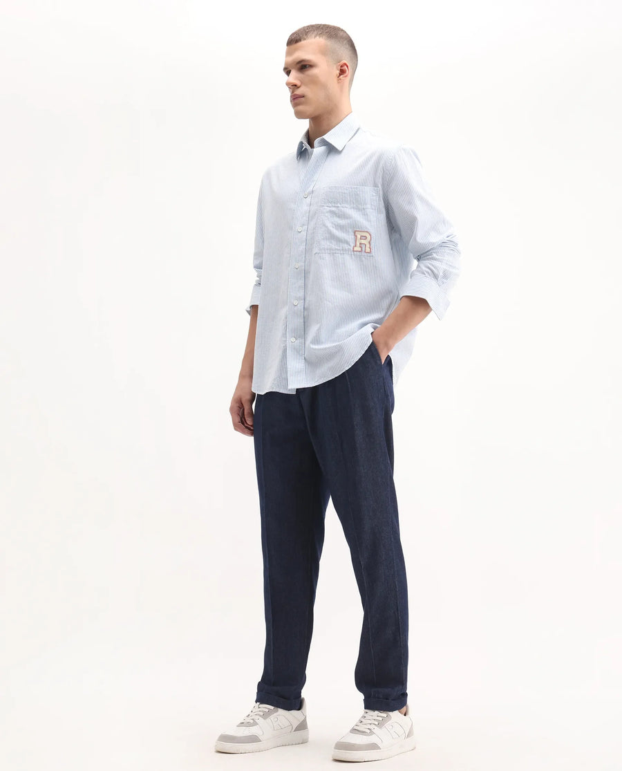 Rare Rabbit Men's Leni Blue Cotton Blend Plain Baggy Fit Gurkha Trouser