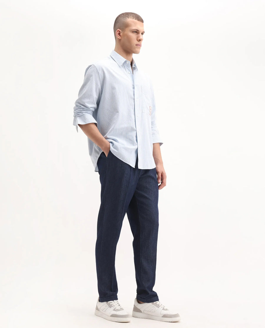 Rare Rabbit Men's Leni Blue Cotton Blend Plain Baggy Fit Gurkha Trouser