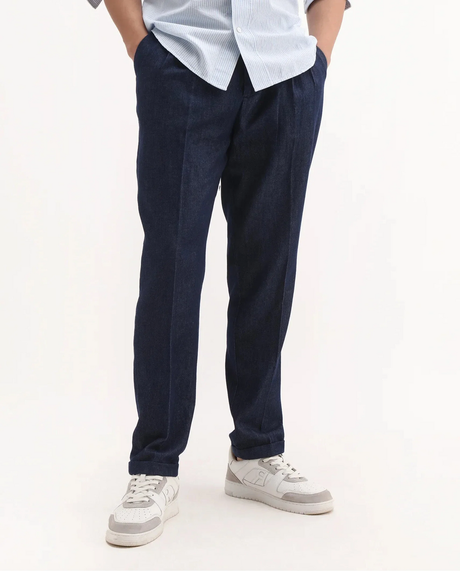Rare Rabbit Men's Leni Blue Cotton Blend Plain Baggy Fit Gurkha Trouser