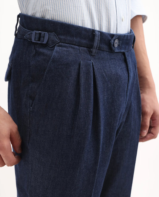 Rare Rabbit Men's Leni Blue Cotton Blend Plain Baggy Fit Gurkha Trouser