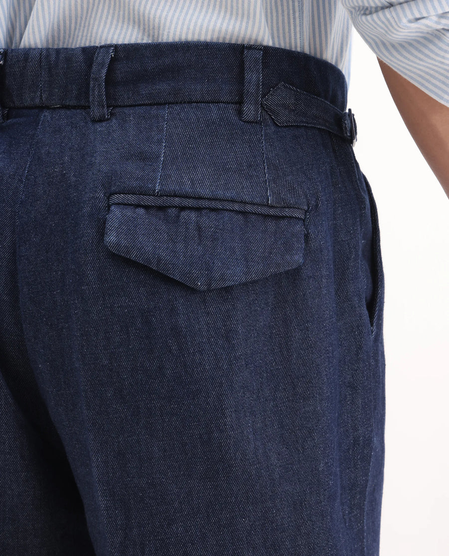 Rare Rabbit Men's Leni Blue Cotton Blend Plain Baggy Fit Gurkha Trouser