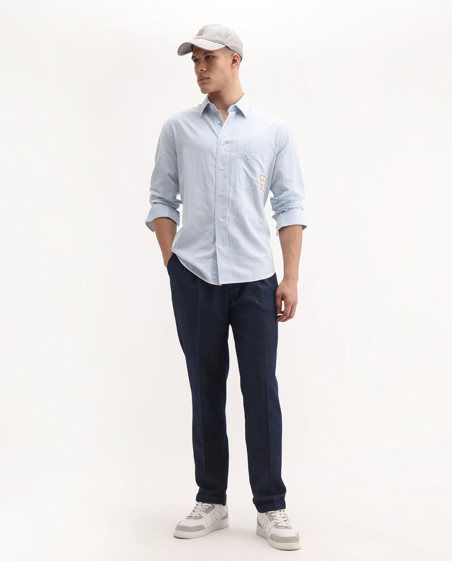 Rare Rabbit Men's Leni Blue Cotton Blend Plain Baggy Fit Gurkha Trouser