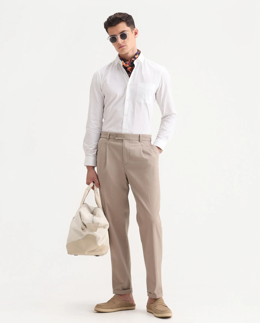 Rare Rabbit Men's Leni Dark Beige Cotton Blend Plain Regular Fit Gurkha Trouser