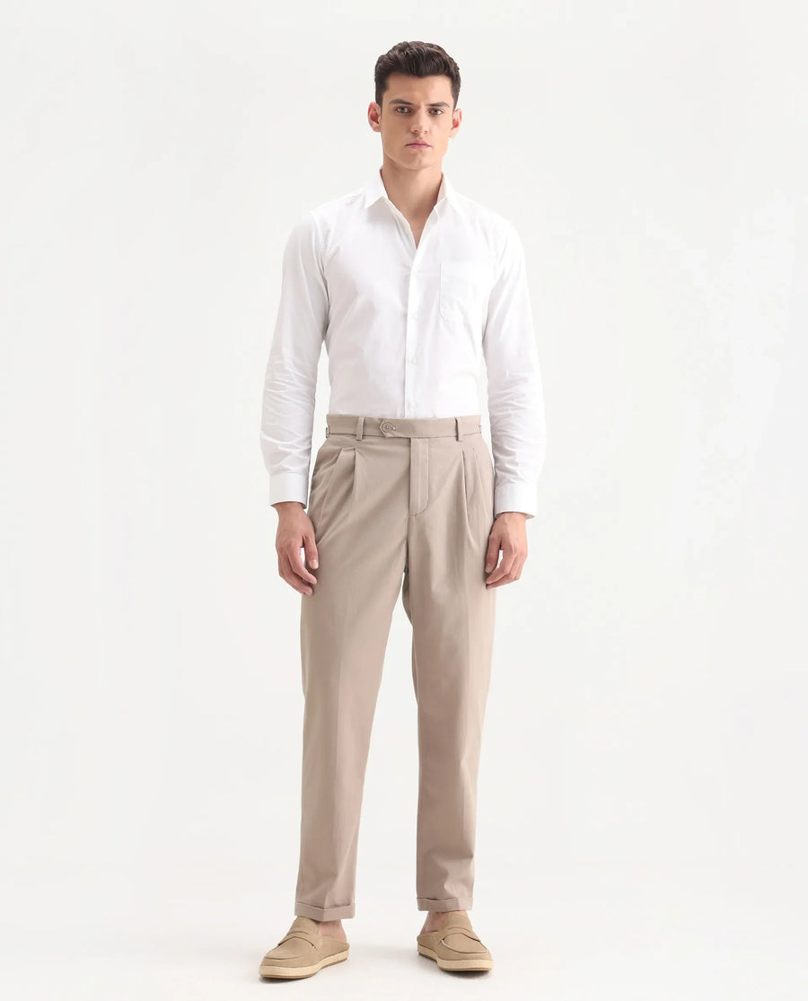 Rare Rabbit Men's Leni Dark Beige Cotton Blend Plain Regular Fit Gurkha Trouser