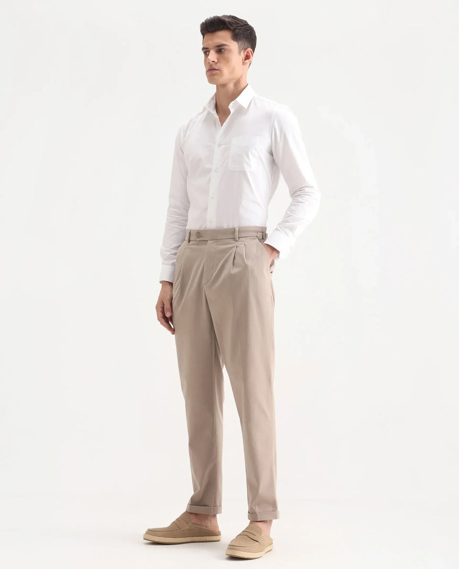 Rare Rabbit Men's Leni Dark Beige Cotton Blend Plain Regular Fit Gurkha Trouser