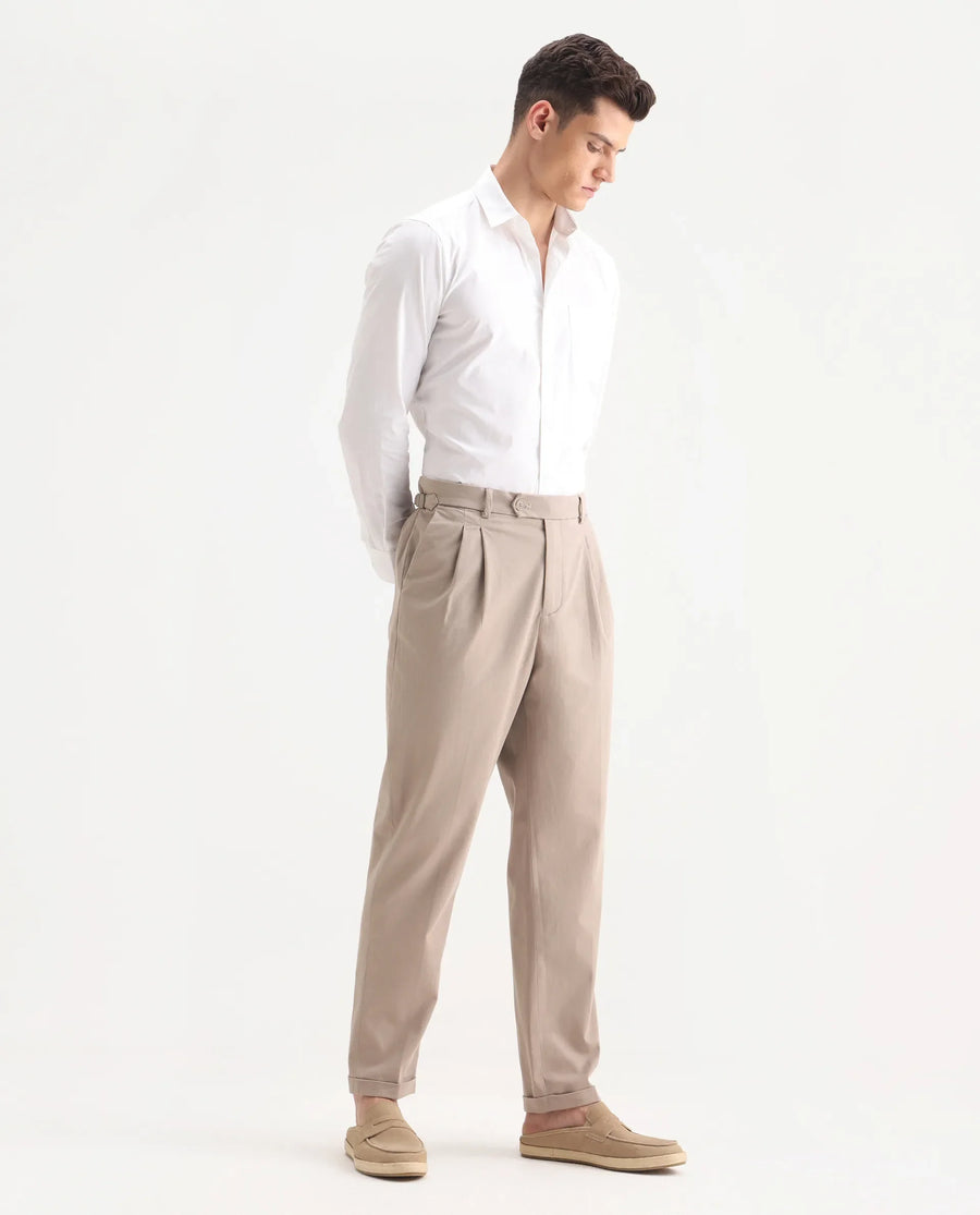 Rare Rabbit Men's Leni Dark Beige Cotton Blend Plain Regular Fit Gurkha Trouser