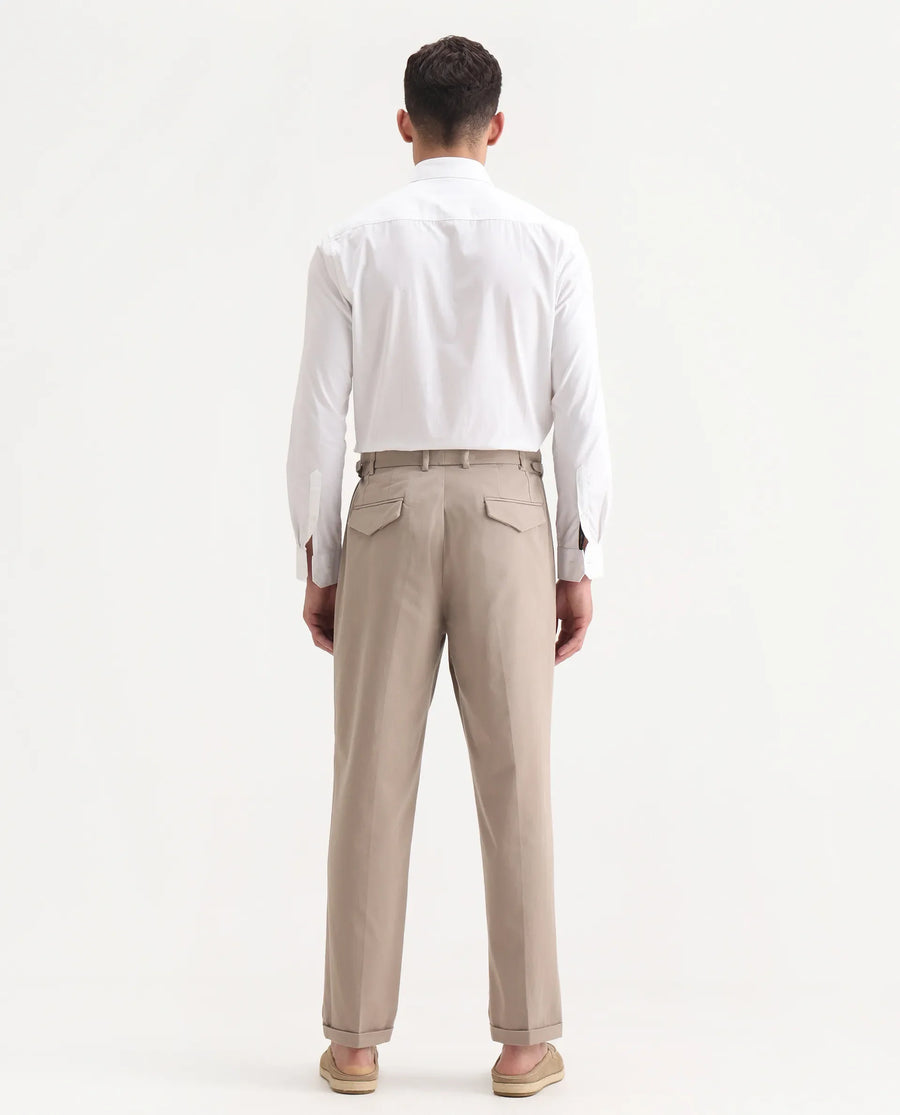 Rare Rabbit Men's Leni Dark Beige Cotton Blend Plain Regular Fit Gurkha Trouser