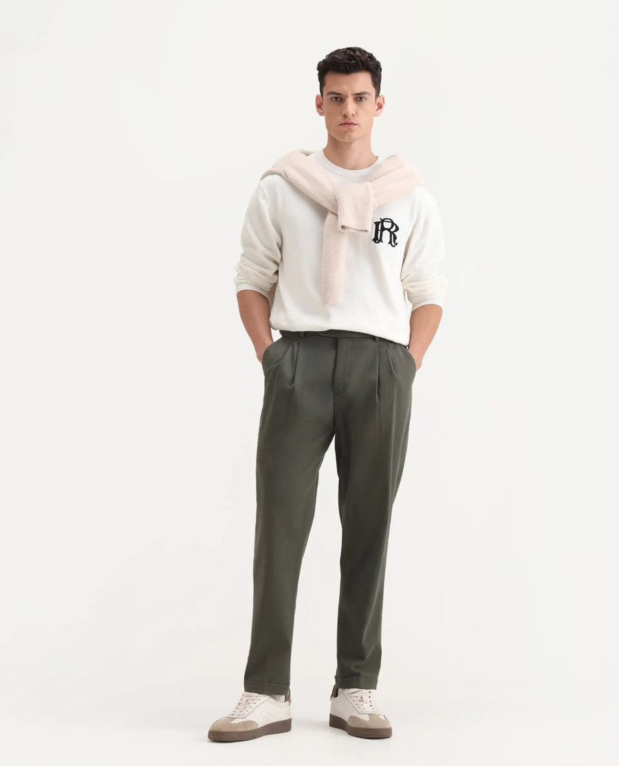 Rare Rabbit Men's Leni Olive Cotton Blend Plain Baggy Fit Gurkha  Trouser