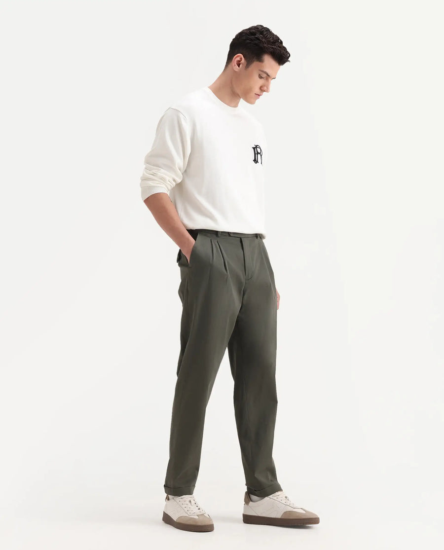Rare Rabbit Men's Leni Olive Cotton Blend Plain Baggy Fit Gurkha  Trouser