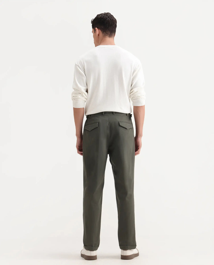 Rare Rabbit Men's Leni Olive Cotton Blend Plain Baggy Fit Gurkha  Trouser