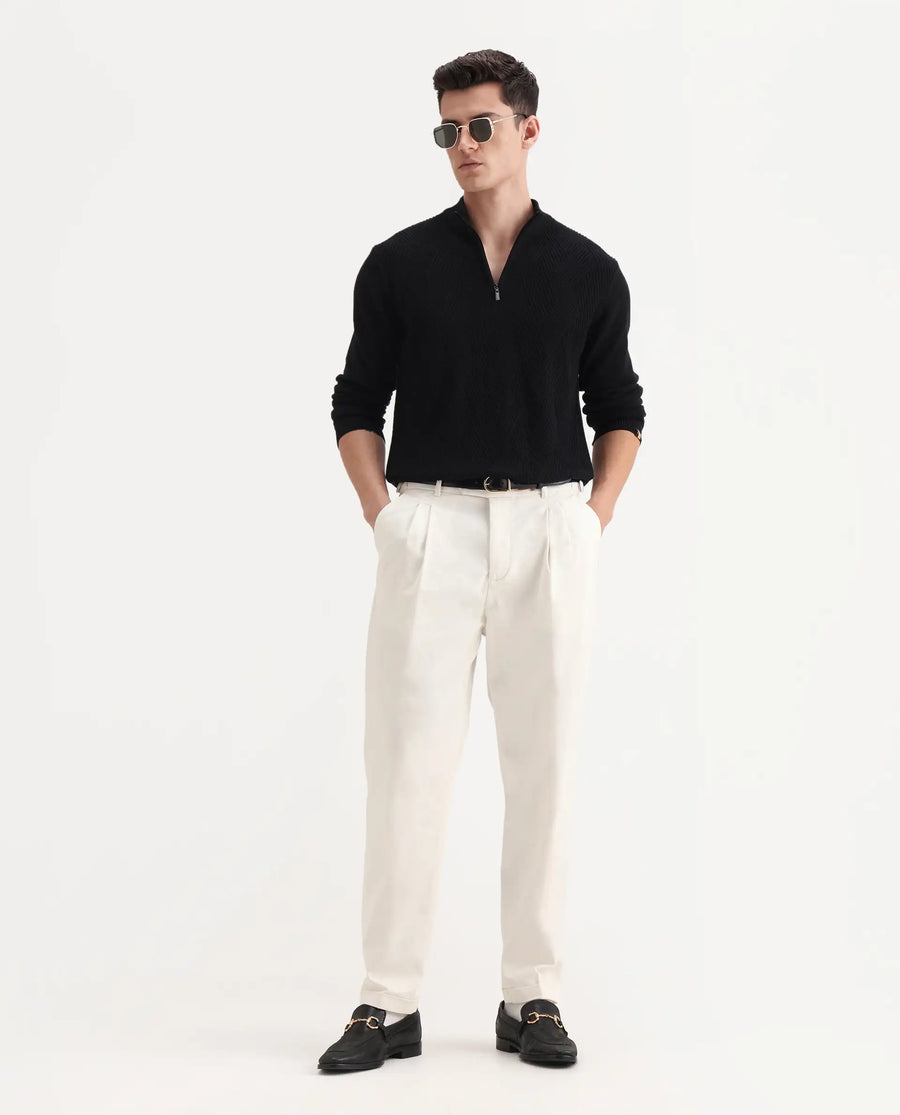 Rare Rabbit Men's Leni White Cotton Blend Plain Baggy Fit Gurkha Trouser